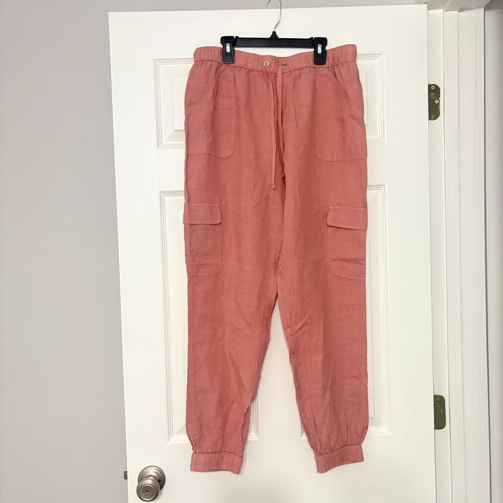 Nicole Miller Linen Cargo Jogger Pants Womens L Coral Hippie Boho Casual